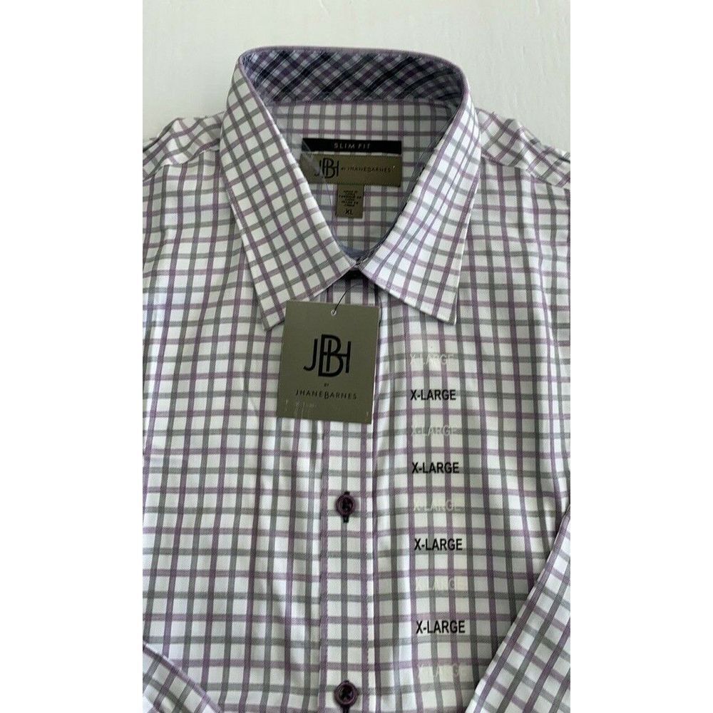 New JHane Barnes XL Men Slim Fit Purple Checkered Plaid Collar Button Up Shirt 3